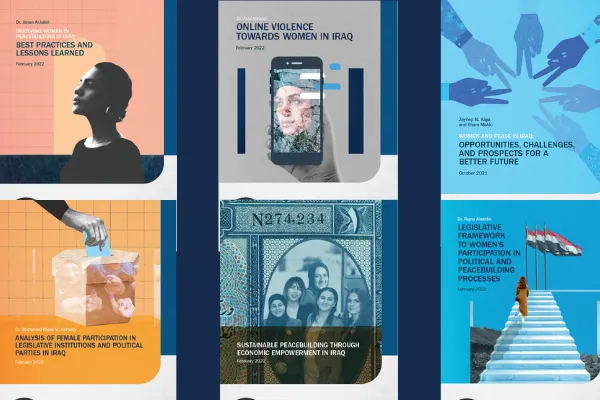 Grid of six report covers on women, peace and legislative participation in Iraq, including "Best Practices and Lessons Learned" and "Online Violence Towards Women in Iraq".