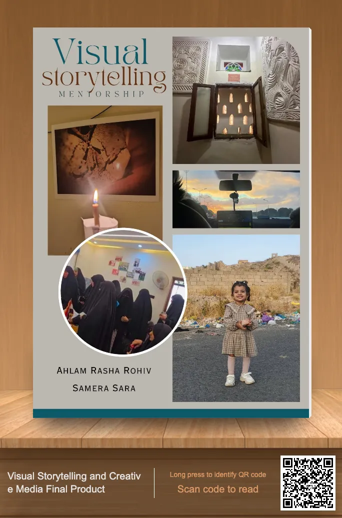 Poster titled "Visual Storytelling Mentorship" with photos of a lit candle, a decorated wooden box, a car dashboard at sunset, a group of women, and a child outdoors, captioned "Visual Storytelling and Creative Media Final Product".