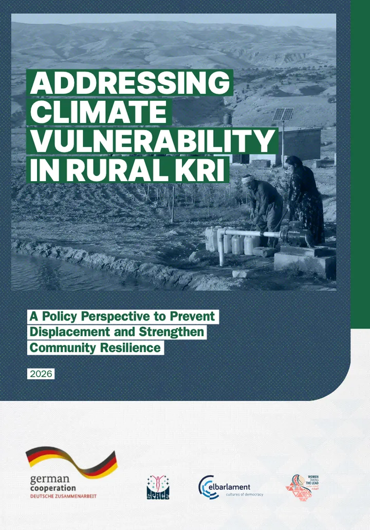 Report cover reading "ADDRESSING CLIMATE VULNERABILITY IN RURAL KRI", with a photo of two people at a water pipe in a rural landscape and logos including "german cooperation" and "elbarlament" at the bottom.