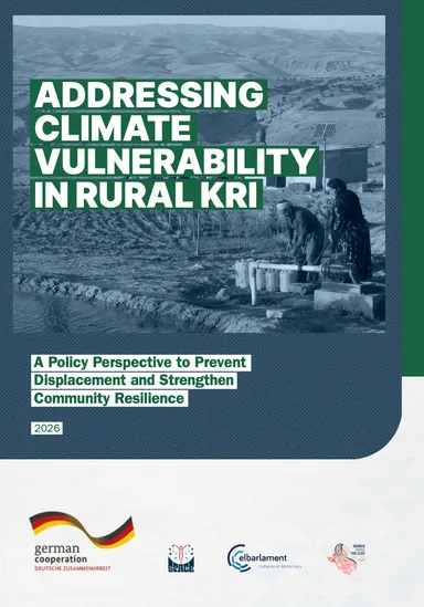 Report cover reading "ADDRESSING CLIMATE VULNERABILITY IN RURAL KRI", with a photo of two people at a water pipe in a rural landscape and logos including "german cooperation" and "elbarlament" at the bottom.