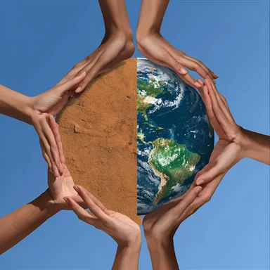 Illustration of hands of different skin tones forming a circle around a globe, one half shown as green-and-blue Earth and the other as cracked, dry orange soil, against a blue sky.