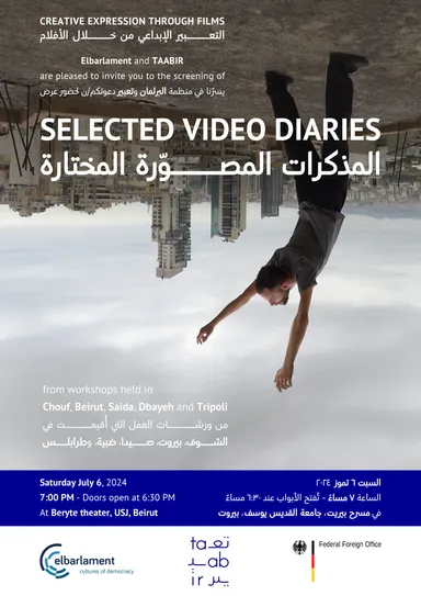 Event poster titled "Creative Expression Through Films – Selected Video Diaries" showing an upside-down person above a city skyline, with details for Saturday, July 6, 2024 at Beryte theater, USJ, Beirut.
