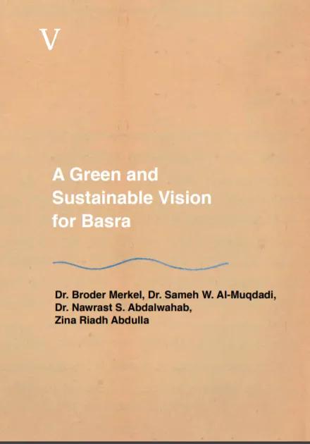 Text-only book cover page numbered "V" titled "A Green and Sustainable Vision for Basra", with contributing authors credited below.