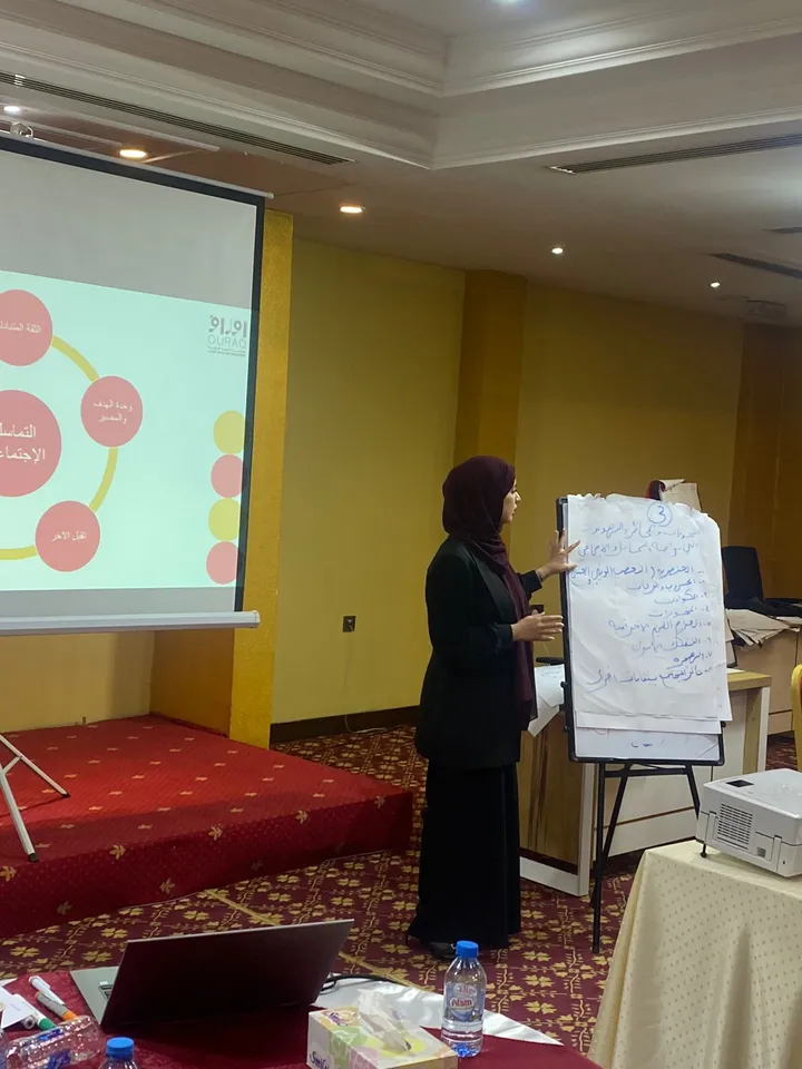 A woman standing beside a flip chart with handwritten Arabic notes, presenting next to a screen showing a diagram labeled "التماسك الاجتماعي".