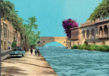 Illustrated street scene along a canal with palm trees, an arched bridge, a flowering tree, historic buildings, walking figures and a vintage car.