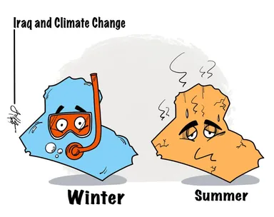 Cartoon titled "Iraq and Climate Change" showing a blue, snorkel-wearing map of Iraq labeled "Winter" beside an orange, sweating map of Iraq labeled "Summer".