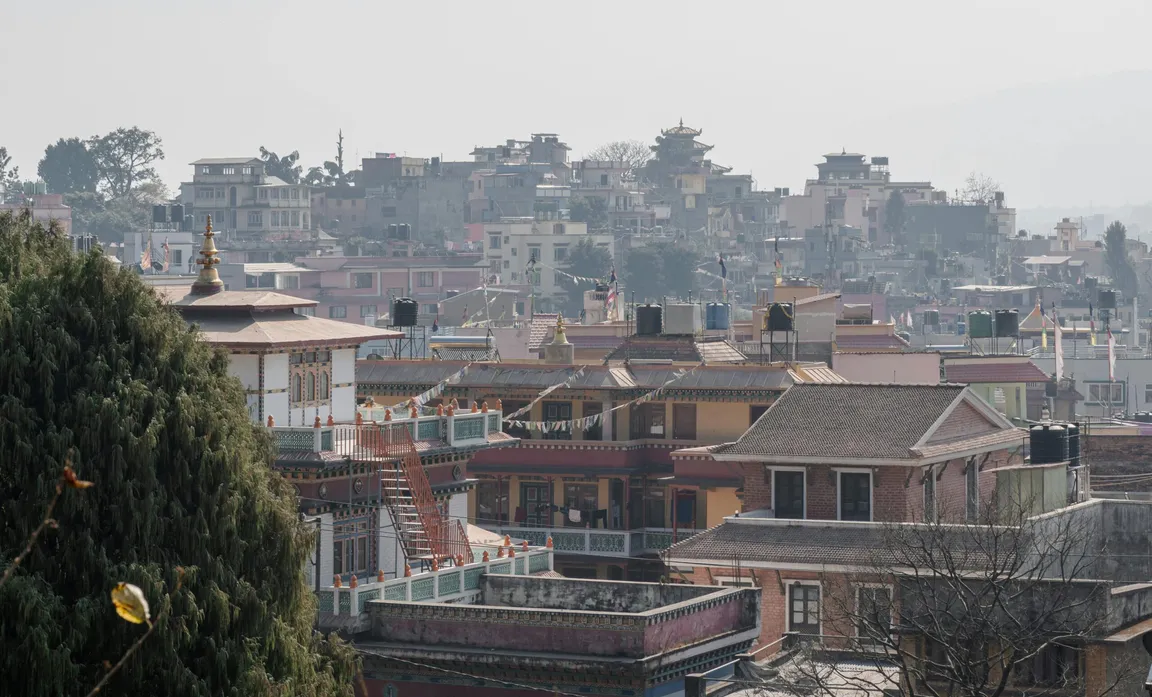 Aerial view of a dense hillside town with pagoda-roofed buildings and prayer flags, seen past a tree under a hazy sky.