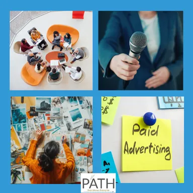 Four-photo collage: people seated in a circle of orange chairs, a hand holding a microphone, a person arranging photos on a table, and a sticky note reading "Paid Advertising", with the PATH logo.