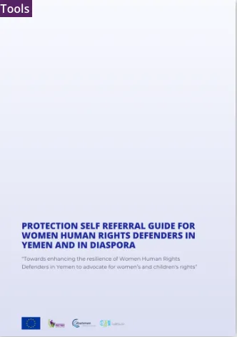 Book cover reading "Protection Self Referral Guide for Women Human Rights Defenders in Yemen and in Diaspora", with a "Tools" tag and four logos at the bottom.