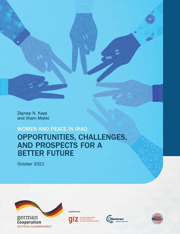 Report cover titled "Women and Peace in Iraq: Opportunities, Challenges, and Prospects for a Better Future" showing an illustration of hands reaching toward each other, with the "elbarlament" logo among others below.
