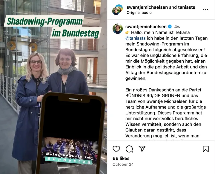 Screenshot of a social media post showing two women in a corridor next to a phone graphic, overlaid with the text "Shadowing-Programm im Bundestag".