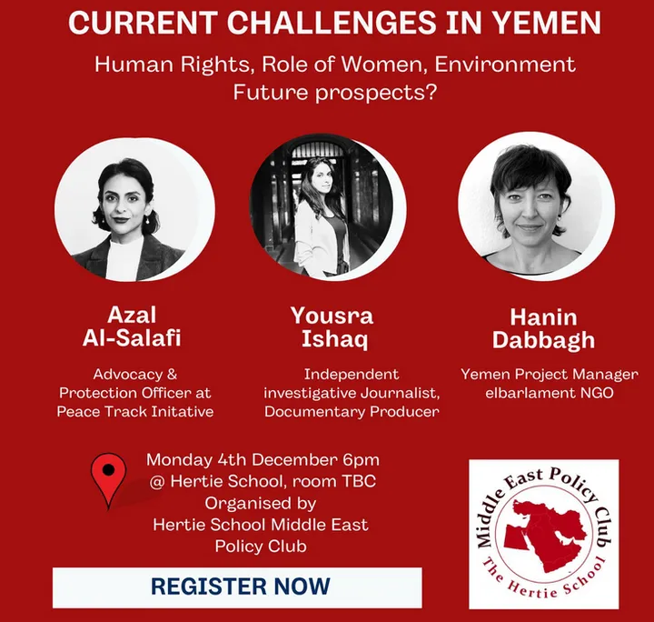 A promotional poster reading "CURRENT CHALLENGES IN YEMEN" with three portrait photos of women and event details listed below.