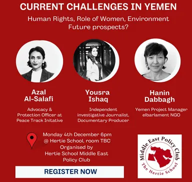 A promotional poster reading "CURRENT CHALLENGES IN YEMEN" with three portrait photos of women and event details listed below.