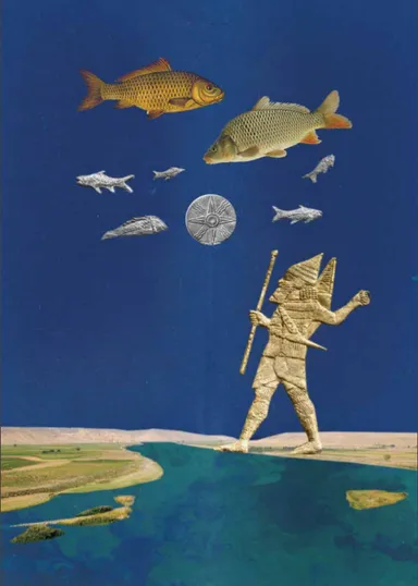 Illustrated collage of a golden figure with a spear walking beside a river, above it fish, a silver coin and small fish silhouettes against a dark blue sky.