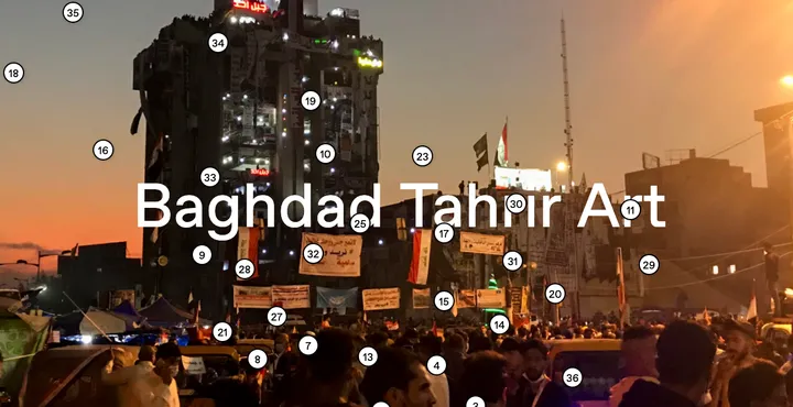 A nighttime crowd scene near a lit building, overlaid with numbered markers and the text "Baghdad Tahrir Art".