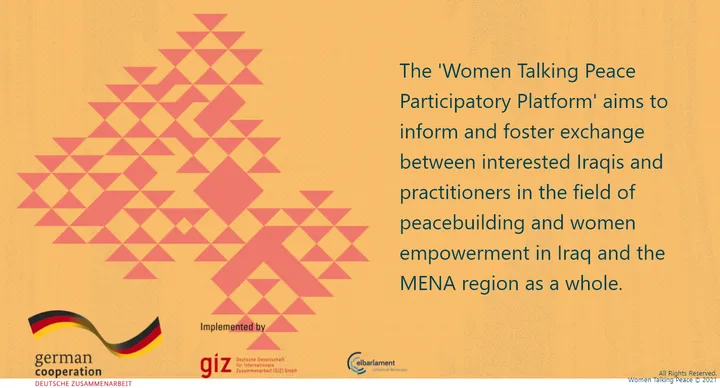 Slide with a red geometric pattern and logos for German Cooperation, GIZ and Elbarlament, describing the "Women Talking Peace Participatory Platform" for peacebuilding and women's empowerment in Iraq and the MENA region.