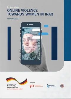 Report cover reading "Online Violence Towards Women in Iraq, February 2022", showing a hand holding a smartphone with a cracked-glass image of a woman's face and speech-bubble icons, with German Cooperation and GIZ logos.