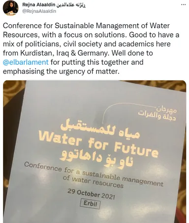 Screenshot of a tweet showing a conference booklet titled "Water for Future" dated "29 October 2021" in Erbil, in Arabic, English and Kurdish.