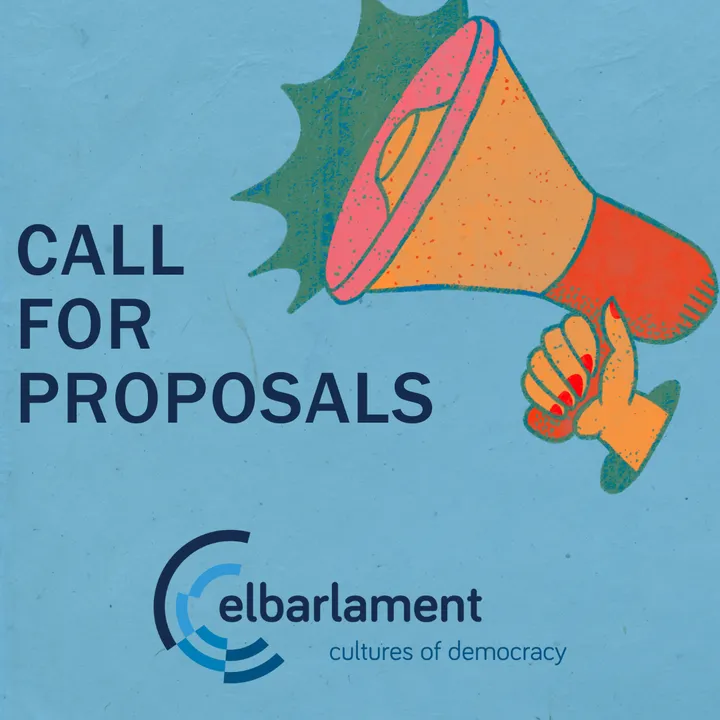 Illustrated graphic of a hand holding a megaphone with the text "Call for proposals" and the elbarlament logo reading "elbarlament cultures of democracy" below.