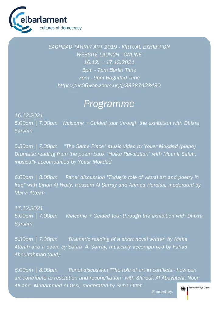 Event flyer for "Baghdad Tahrir Art 2019" virtual exhibition website launch, listing a two-day programme of guided tours, readings, music and panel discussions on art in Iraq, with the Elbarlament logo.