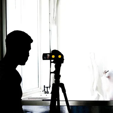 Silhouette of a person next to a camera on a tripod, backlit by a bright window.