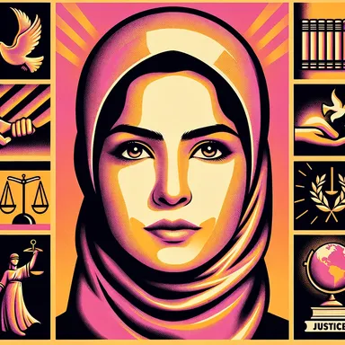 Illustrated portrait of a woman wearing a hijab surrounded by icons of a dove, justice scales, a lady justice statue, books and a globe, with the word "JUSTICE" partly visible.