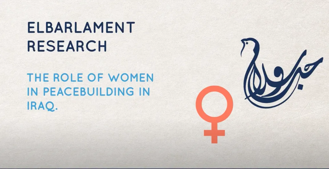 Title slide reading "ELBARLAMENT RESEARCH – THE ROLE OF WOMEN IN PEACEBUILDING IN IRAQ." beside a bird-shaped Arabic calligraphy logo and a female symbol.