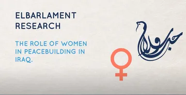Title slide reading "ELBARLAMENT RESEARCH – THE ROLE OF WOMEN IN PEACEBUILDING IN IRAQ." beside a bird-shaped Arabic calligraphy logo and a female symbol.