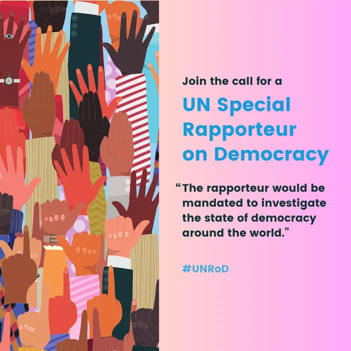 Illustration of raised hands in a crowd beside text reading "Join the call for a UN Special Rapporteur on Democracy" and the hashtag "#UNRoD".