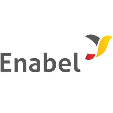 Logo of Enabel, showing the word "Enabel" beside a stylized bird-like emblem in gray, yellow and red.