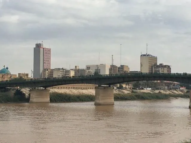 A river with a bridge and a city skyline of high-rise and low buildings under a cloudy sky.