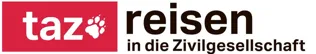 Logo of taz featuring a paw print icon, reading "taz reisen in die Zivilgesellschaft" in black and red text on a white background.