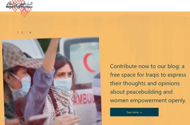 Website screenshot with the logo "Women Talking Peace", a photo of a woman raising her fist near an ambulance, and text inviting contributions to a blog on peacebuilding and women's empowerment.