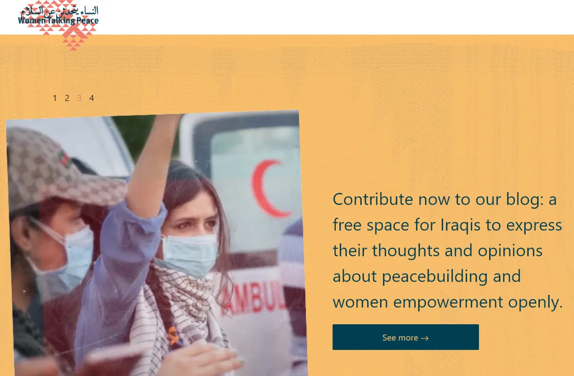 Website screenshot with the logo "Women Talking Peace", a photo of a woman raising her fist near an ambulance, and text inviting contributions to a blog on peacebuilding and women's empowerment.