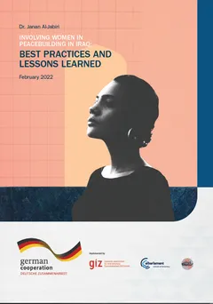 Report cover reading "Involving Women in Peacebuilding in Iraq: Best Practices and Lessons Learned, February 2022", with a black-and-white side-profile photo of a woman against an orange background, and German Cooperation and GIZ logos.