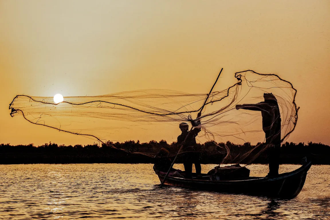 Two people in a boat cast a wide net over water as the sun sets on the horizon.