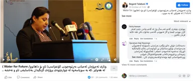 Facebook video screenshot of a woman speaking at a podium with several microphones, with Kurdish caption text and comments below.
