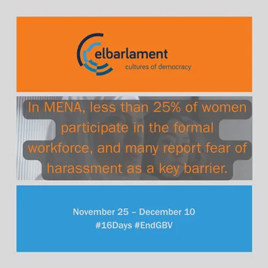 Graphic with the elbarlament logo, a photo of women wearing headscarves, and text "In MENA, less than 25% of women participate in the formal workforce, and many report fear of harassment as a key barrier.".