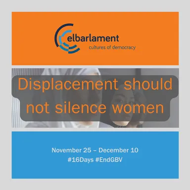 Graphic with the elbarlament logo, a photo of women wearing headscarves, and text "Displacement should not silence women".