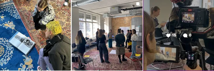 Three-photo collage: two people looking at an open book on a patterned rug, a group standing in a circle indoors, and someone filming another person with camera equipment.