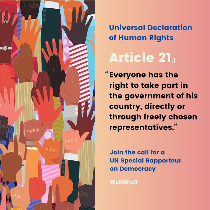 Illustration of raised hands in a crowd beside text reading "Universal Declaration of Human Rights" and "Article 21.1", with the hashtag "#UNRoD".