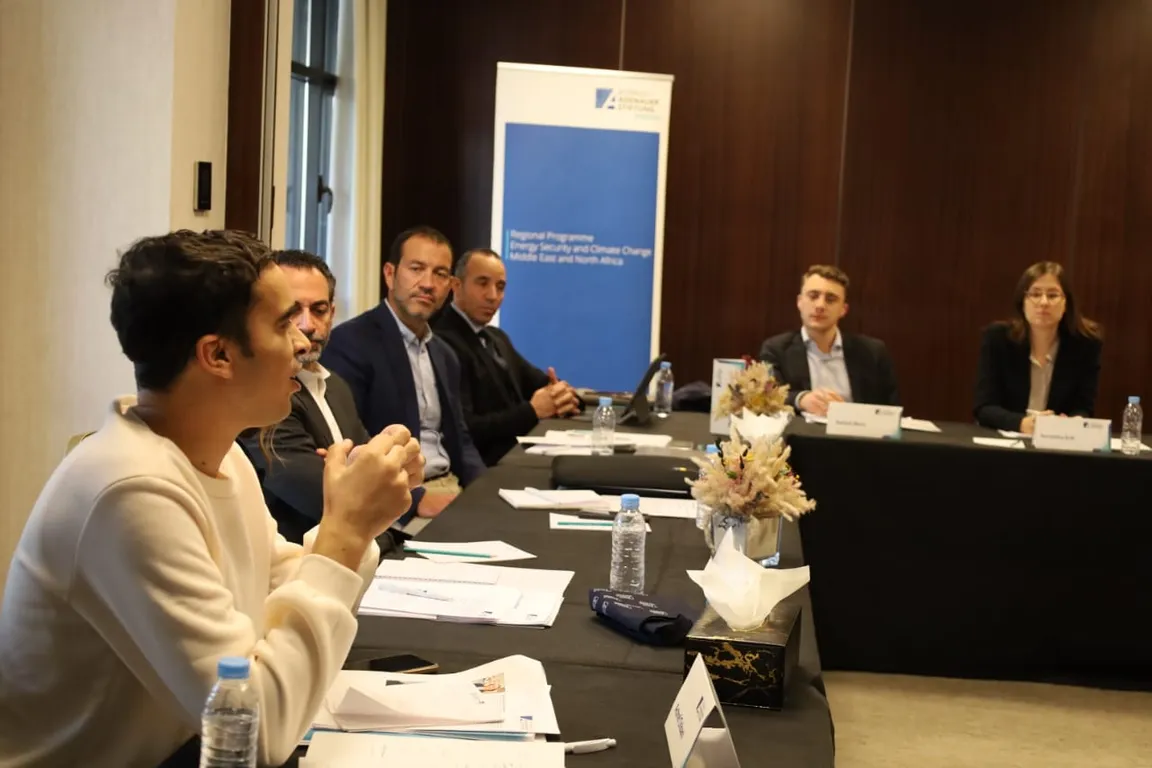 A group of people seated and speaking at a conference table, beside a banner reading "Regional Programme Energy Security and Climate Change Middle East and North Africa".