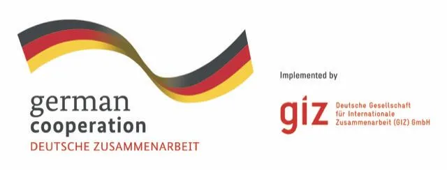 Logo graphic reading "german cooperation, Deutsche Zusammenarbeit," with "Implemented by giz" and the German development agency's name beside it.