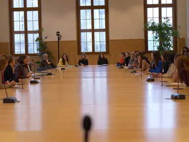 Wide view of a long conference table with microphones where a group of people sit facing each other in a room with tall windows and potted plants.