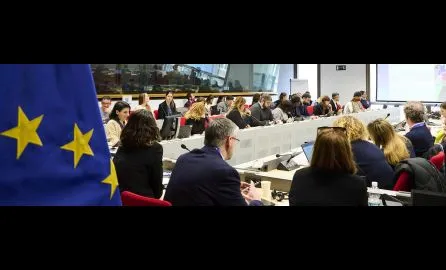 Panoramic view of a meeting room with the EU flag in the foreground and people seated at long conference tables.