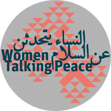 Circular logo with a pink triangle pattern reading "Women Talking Peace" and the Arabic "النساء يتحدثن عن السلام".