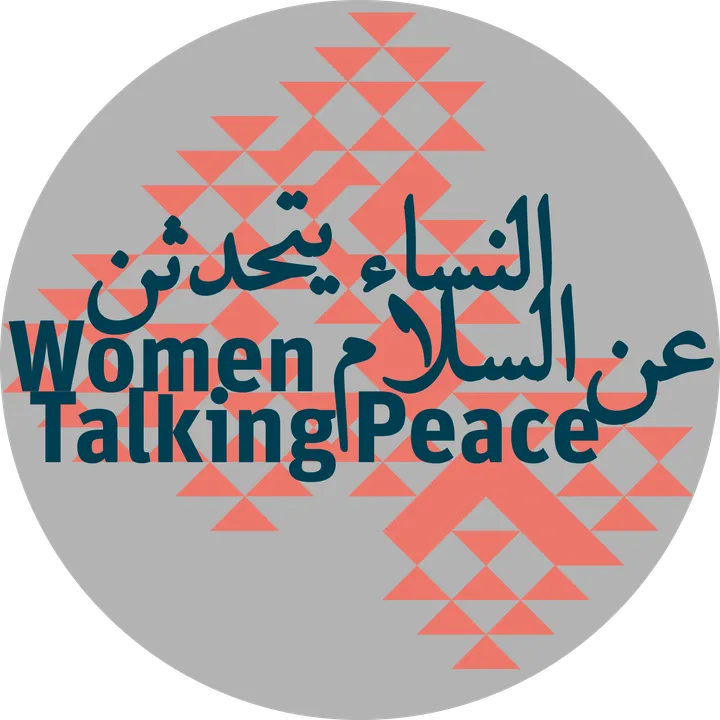 Circular logo with a pink triangle pattern reading "Women Talking Peace" and the Arabic "النساء يتحدثن عن السلام".