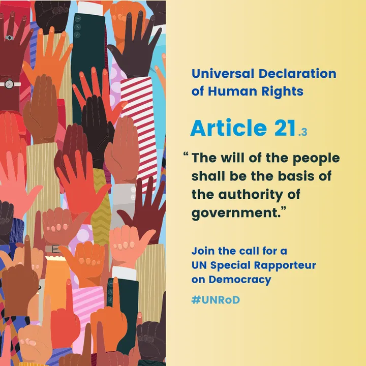 Illustration of raised hands in a crowd beside text reading "Universal Declaration of Human Rights" and "Article 21.3", with the hashtag "#UNRoD".