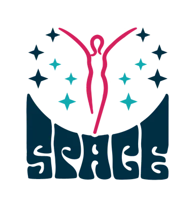 Logo showing a stylized figure with raised arms above stars and a crescent, with the text "SPACE".
