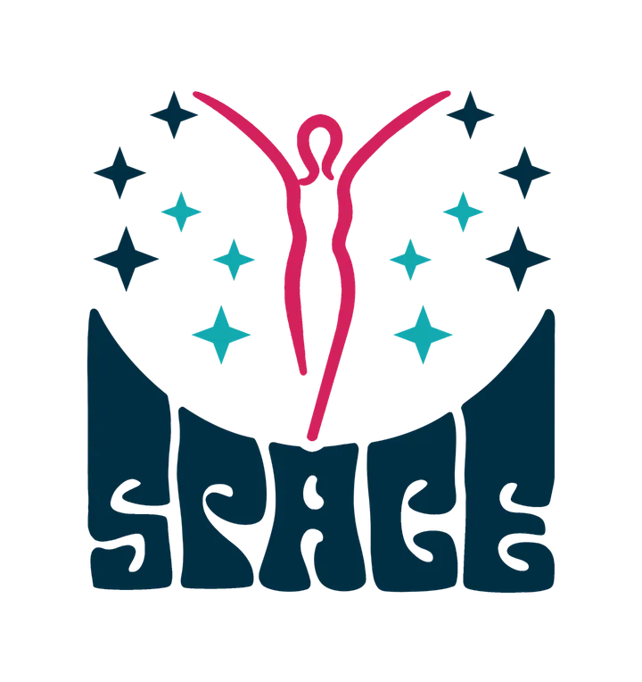 Logo showing a stylized figure with raised arms above stars and a crescent, with the text "SPACE".